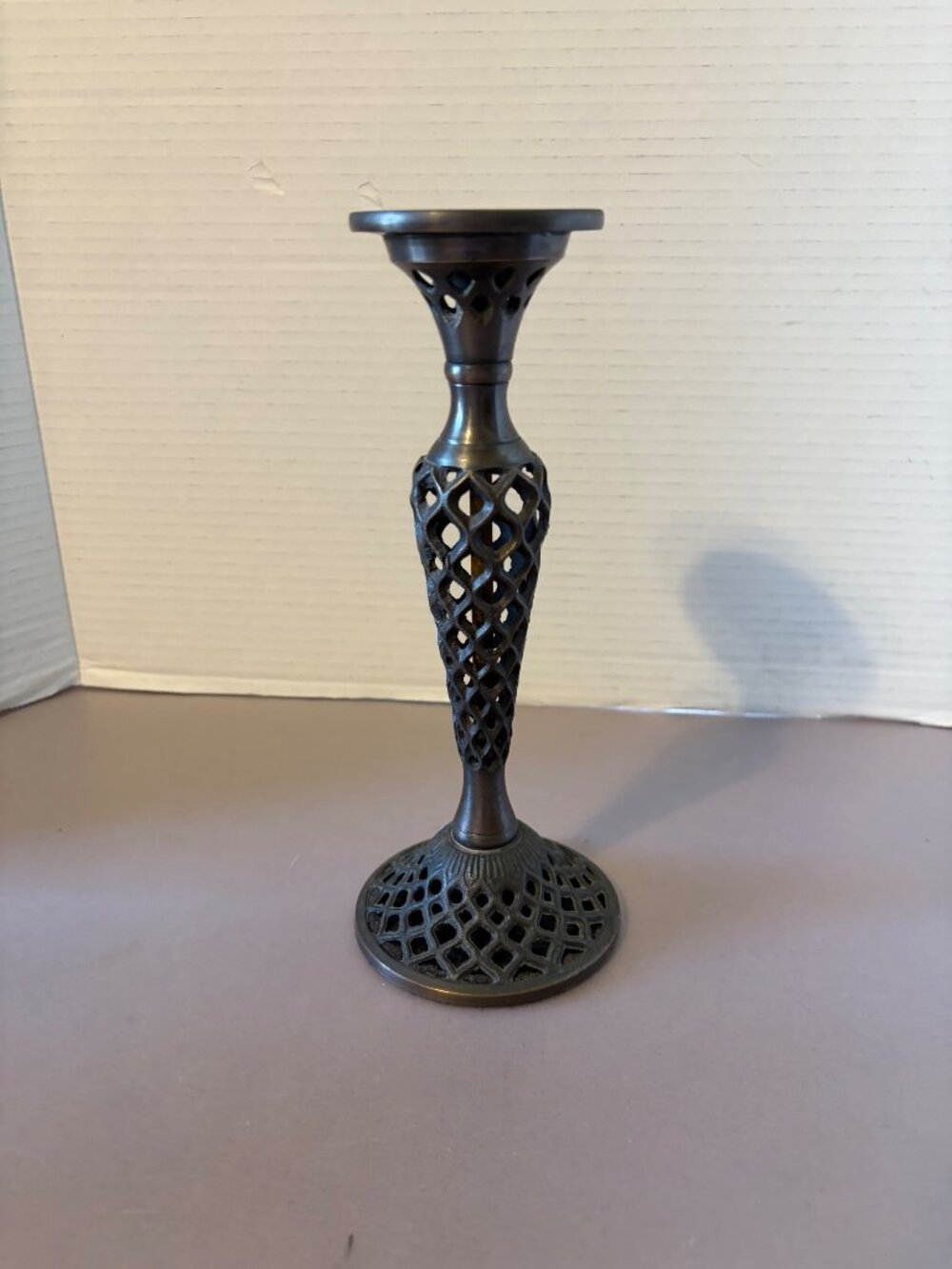 Vintage Bronze Openwork Candlestick Holder 8-Inch Tall Ornate Lattice Design Dec